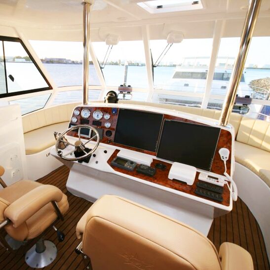 Luxury cruiser helm station with full wraparound glazing